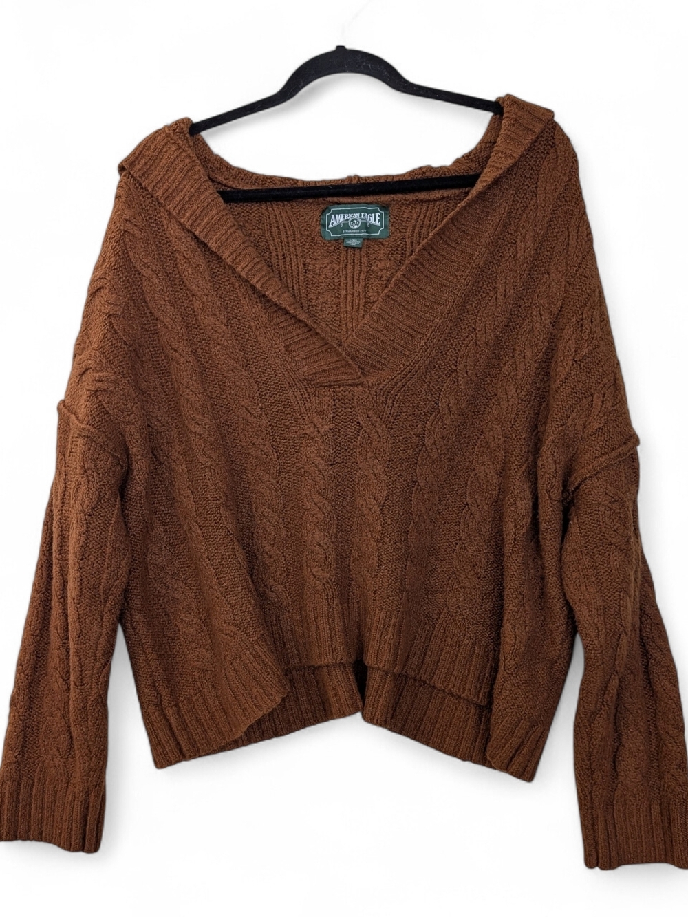 American Eagle Chunky Cable Knit Hooded Sweater L Crop Preppy